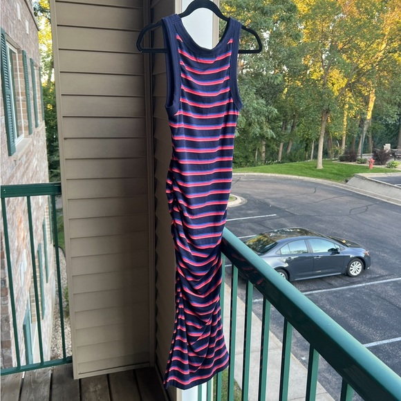🆕 Michael Stars Navy Red Striped Tank Midi Dress Ruched Side Bodycon Size S - Picture 4 of 12